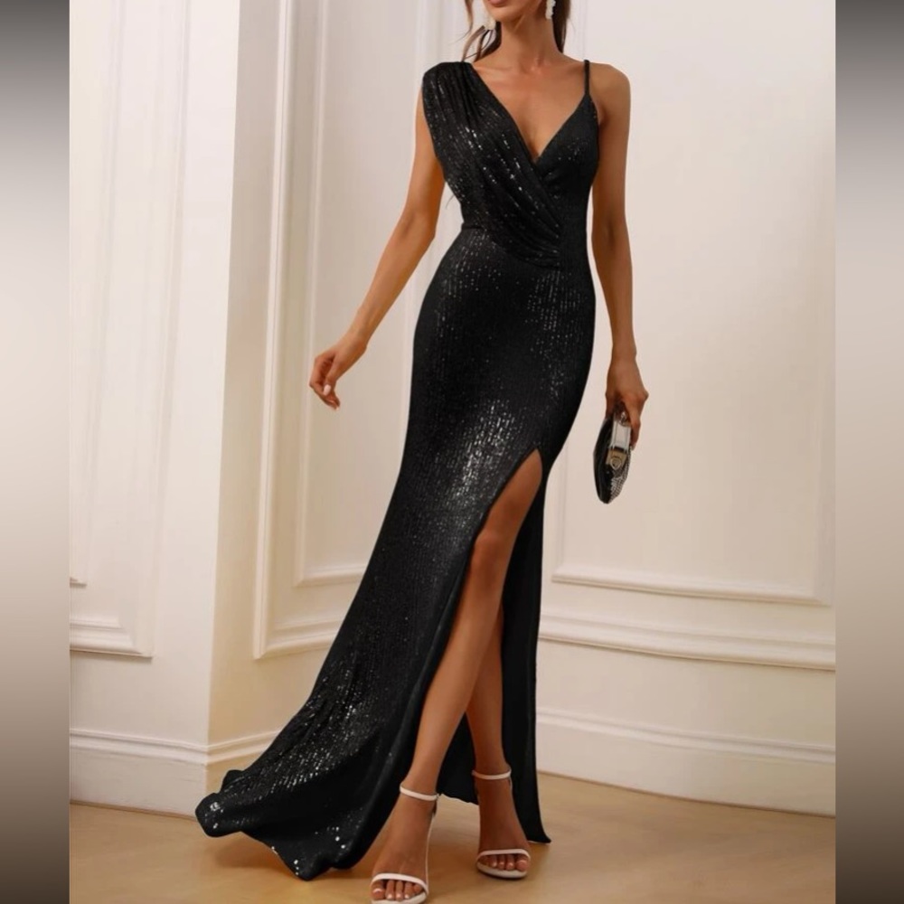 Luxe party bridesmaids prom slit thigh sequins gown  dress